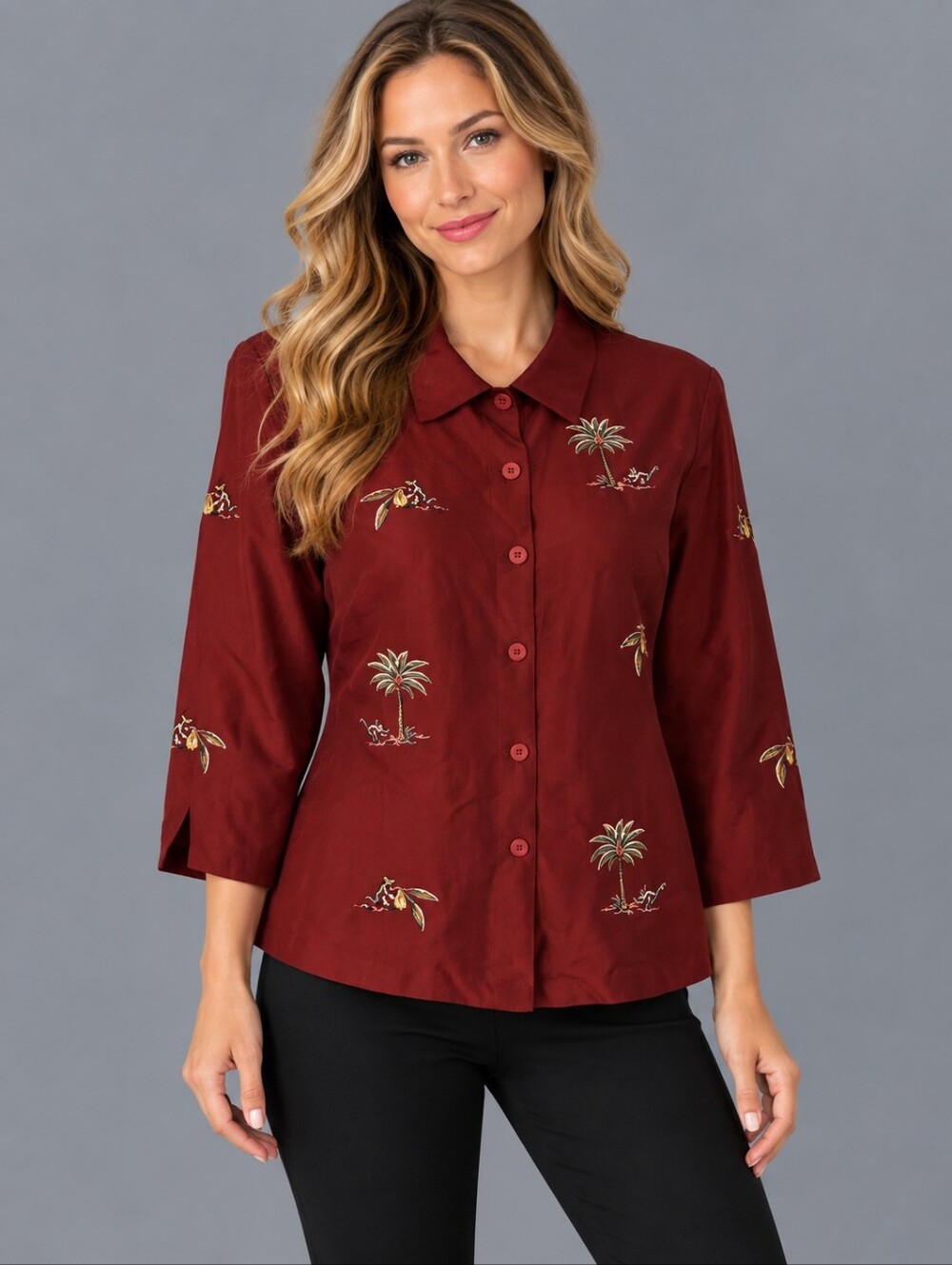 Vintage SILKLAND Maroon Palm Tree Monkey Embroidered Button Down Shacket